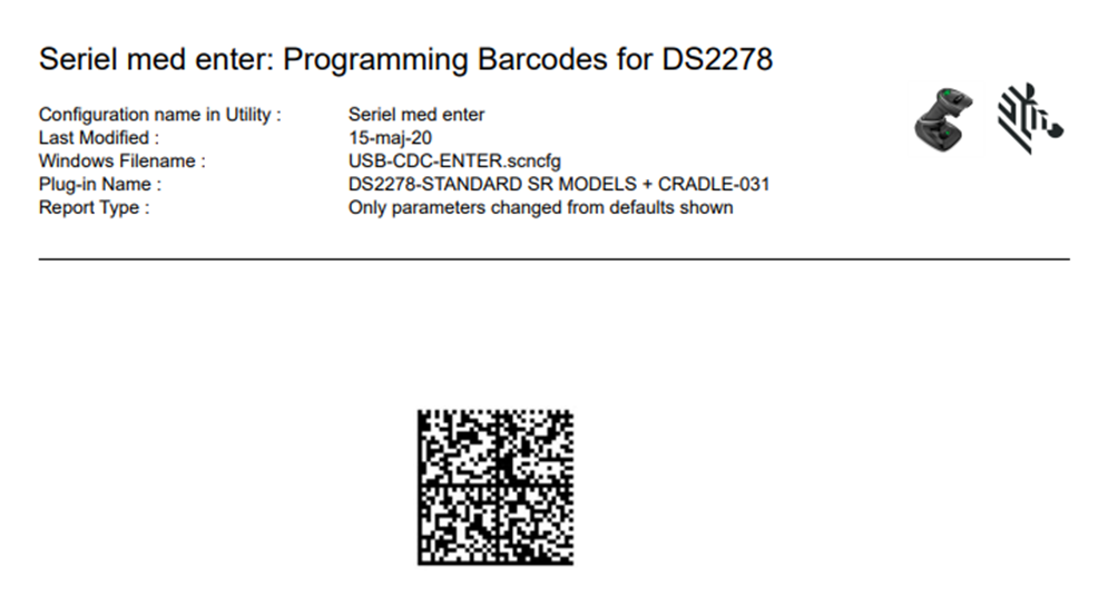 Zebra DS2278 — stregkode til USB-COM med Enter