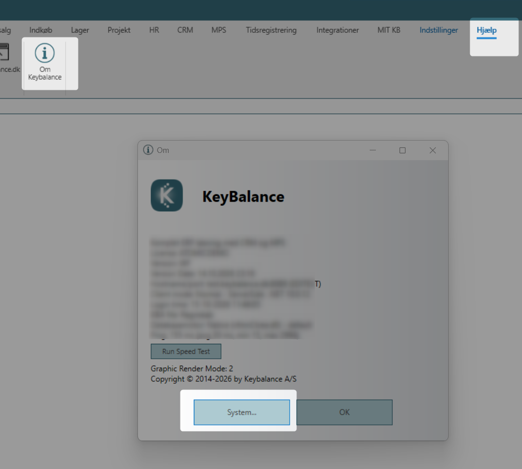 Hjælp → Om KeyBalance → System